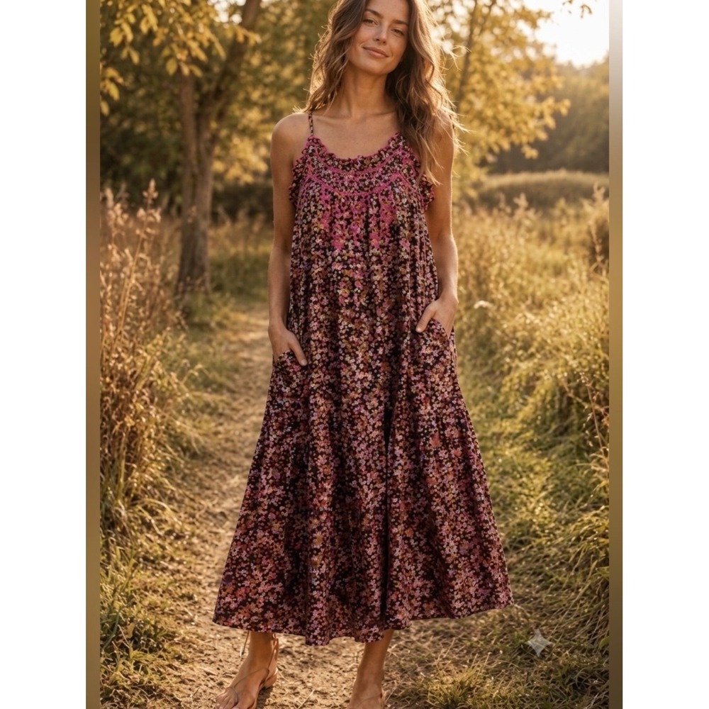 Natural Life Womens XS/S Floral Tiered Midi Dress Pink Embroidered Pockets Brown